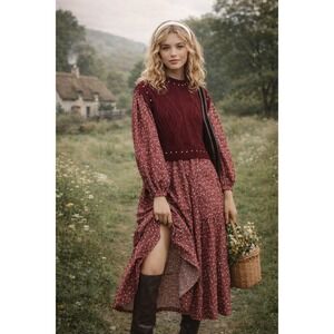 Anthropologie Sweater Layered Maxi Dress M Burgundy Floral Cottage Prairie Boho